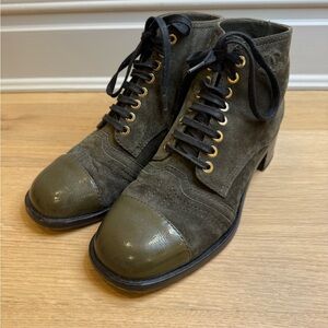 Authentic CHANEL Lace Up Ankle Boot Green EU 37